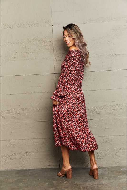 The Fall FLoral Off-Shoulder Midi Dress