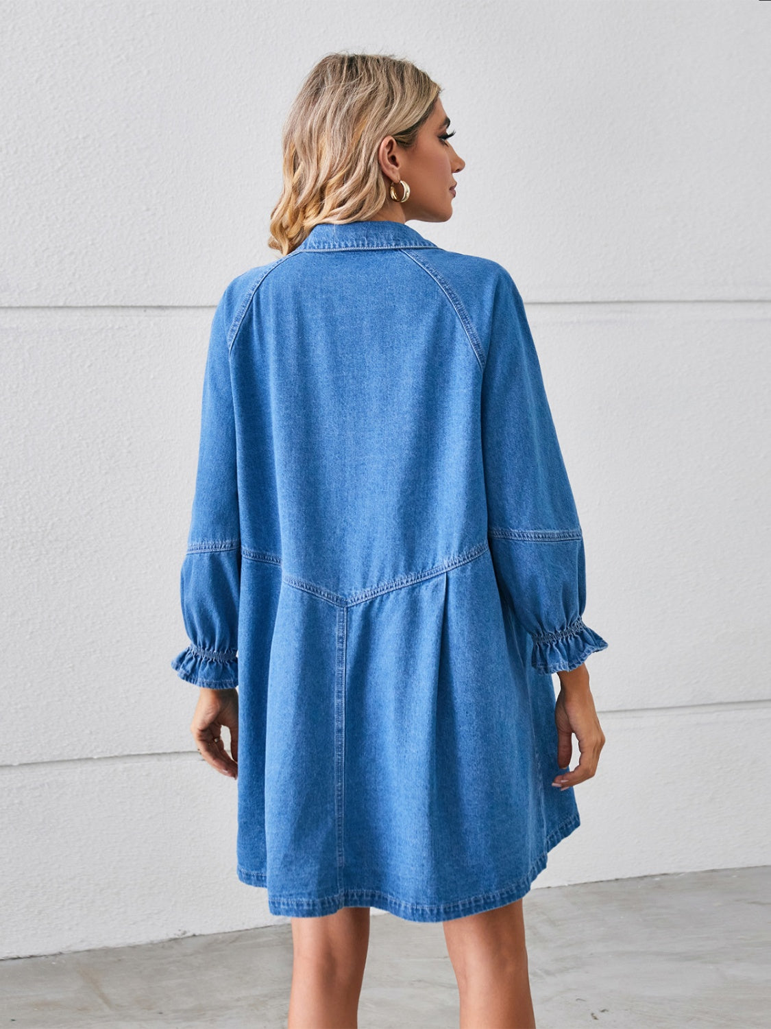 The Button Me Up Flounce Sleeve Mini Denim Dress