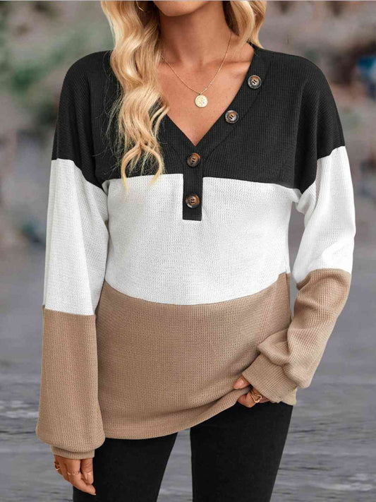 The Color Block Decorative Button Blouse