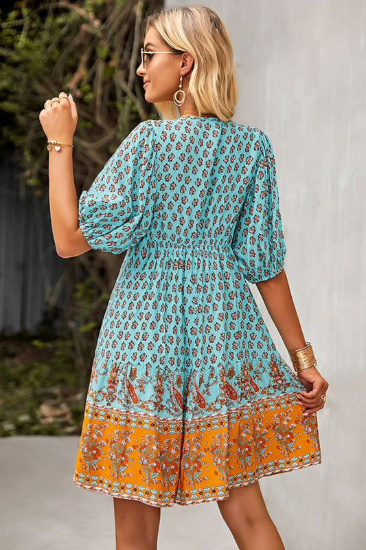 The Bohemian Turquoise Tie Neck Dress