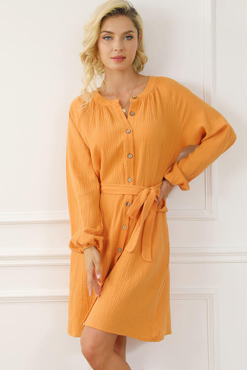 Tied Button Front Balloon Sleeve Dress