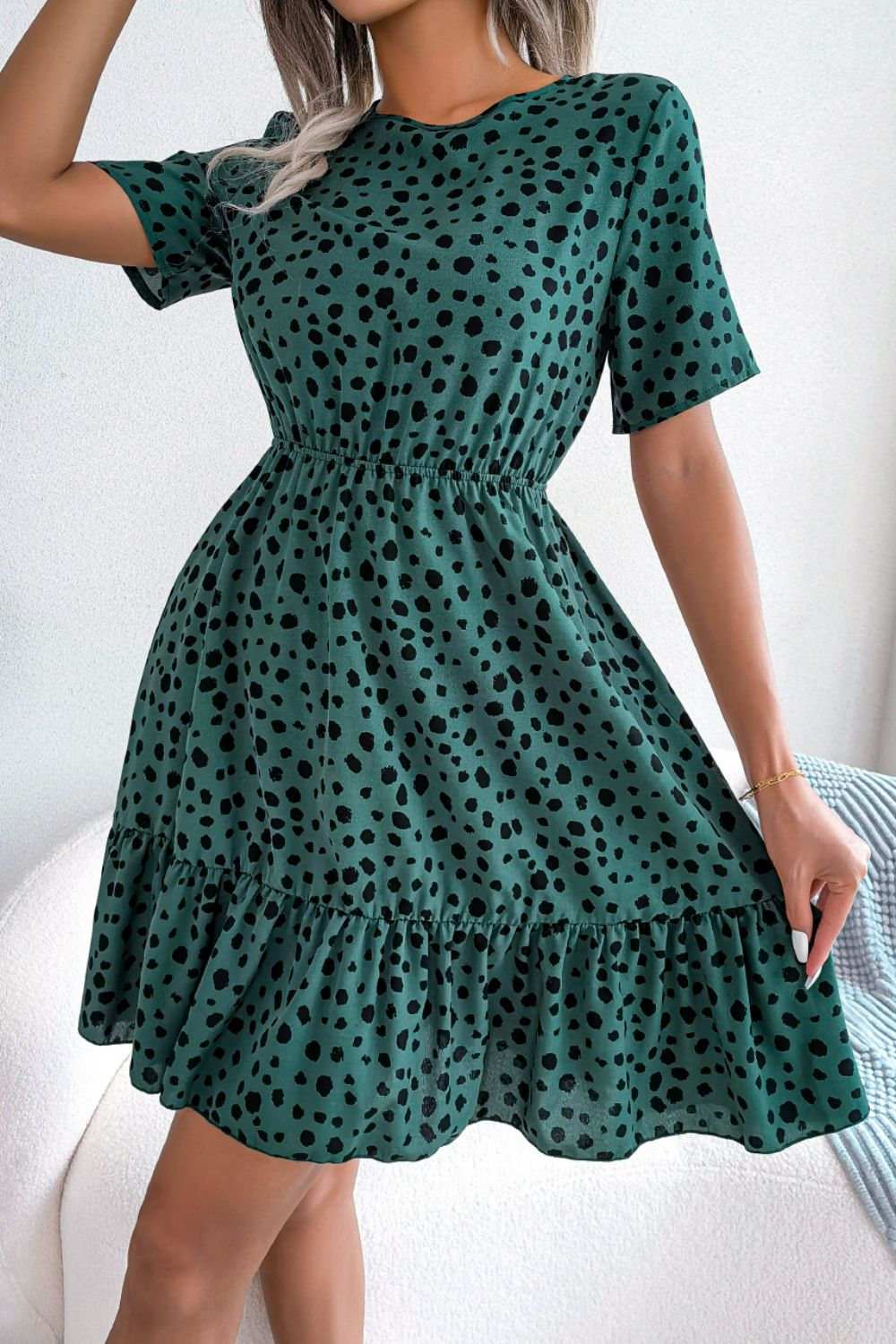 The Teal Printed Short Sleeve Ruffled Dress