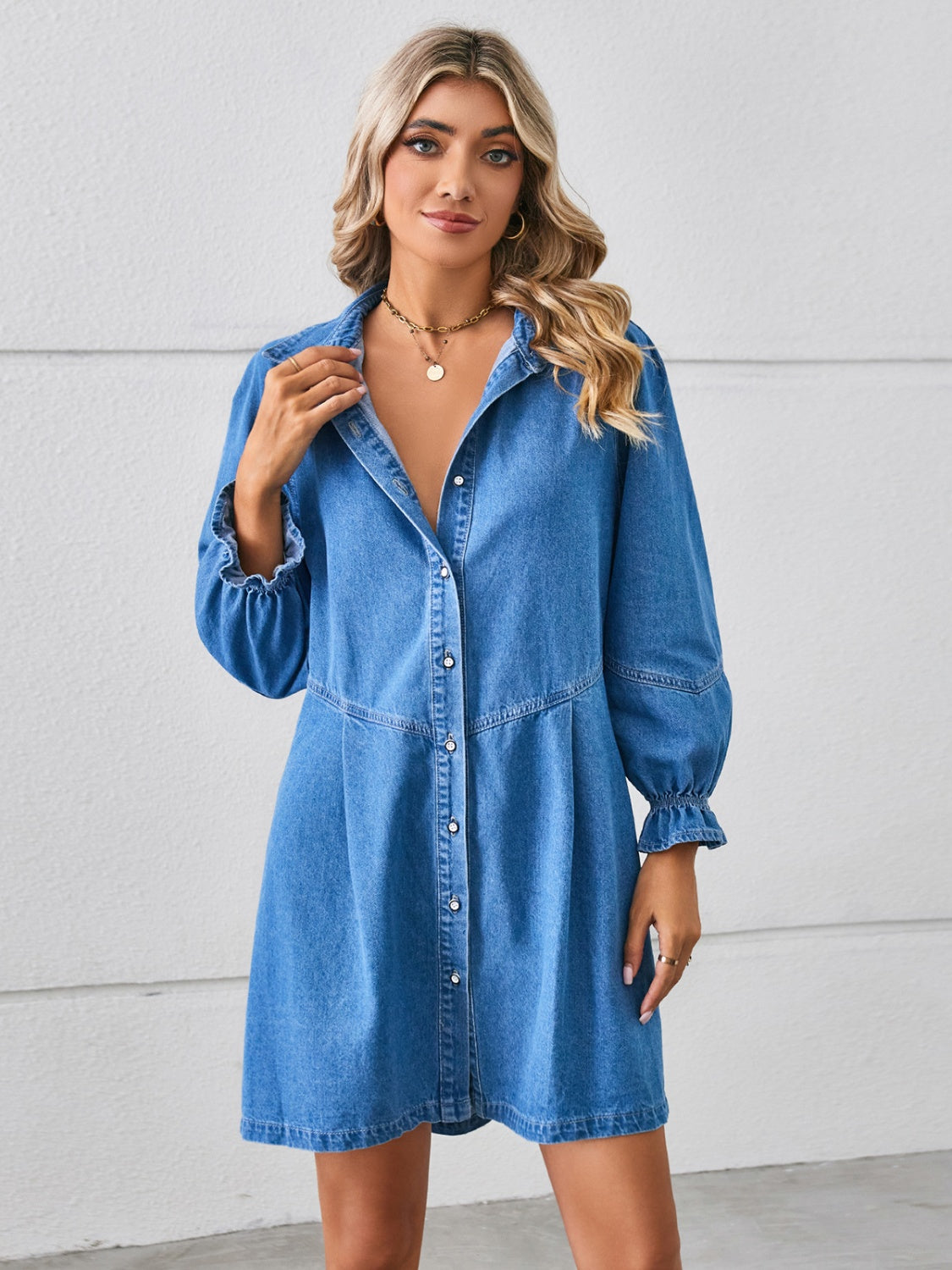 The Button Me Up Flounce Sleeve Mini Denim Dress