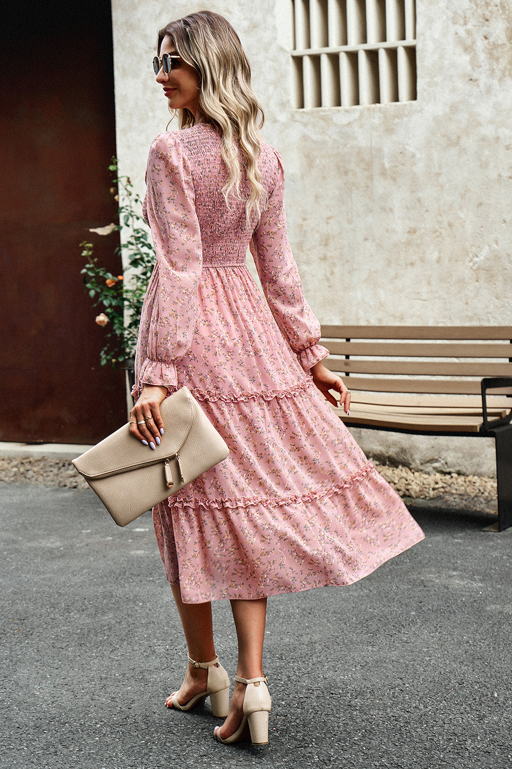 The Sweet Smocked Flounce Sleeve Midi Dress