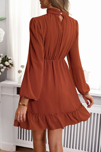 The Ruched Mock Neck Balloon Sleeve Dress