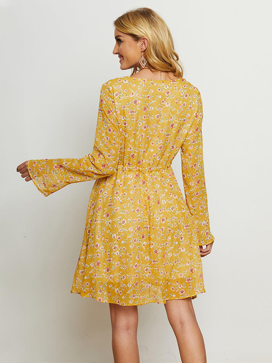 The Mustard Floral Drawstring Waist Dress