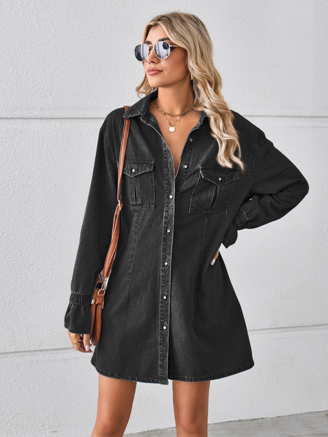 The Pocketed Dropped Shoulder Mini Denim Dress