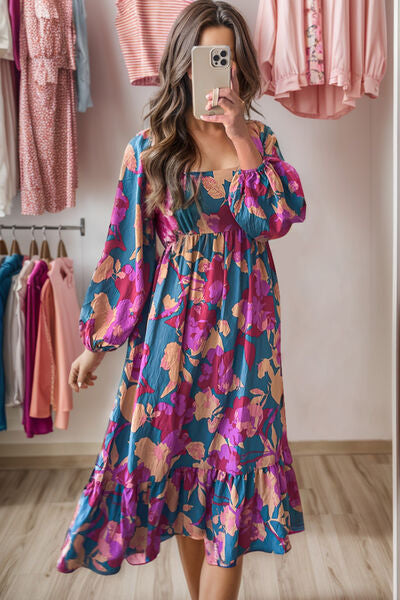 The Colorful Square Neck Balloon Sleeve Midi Dress