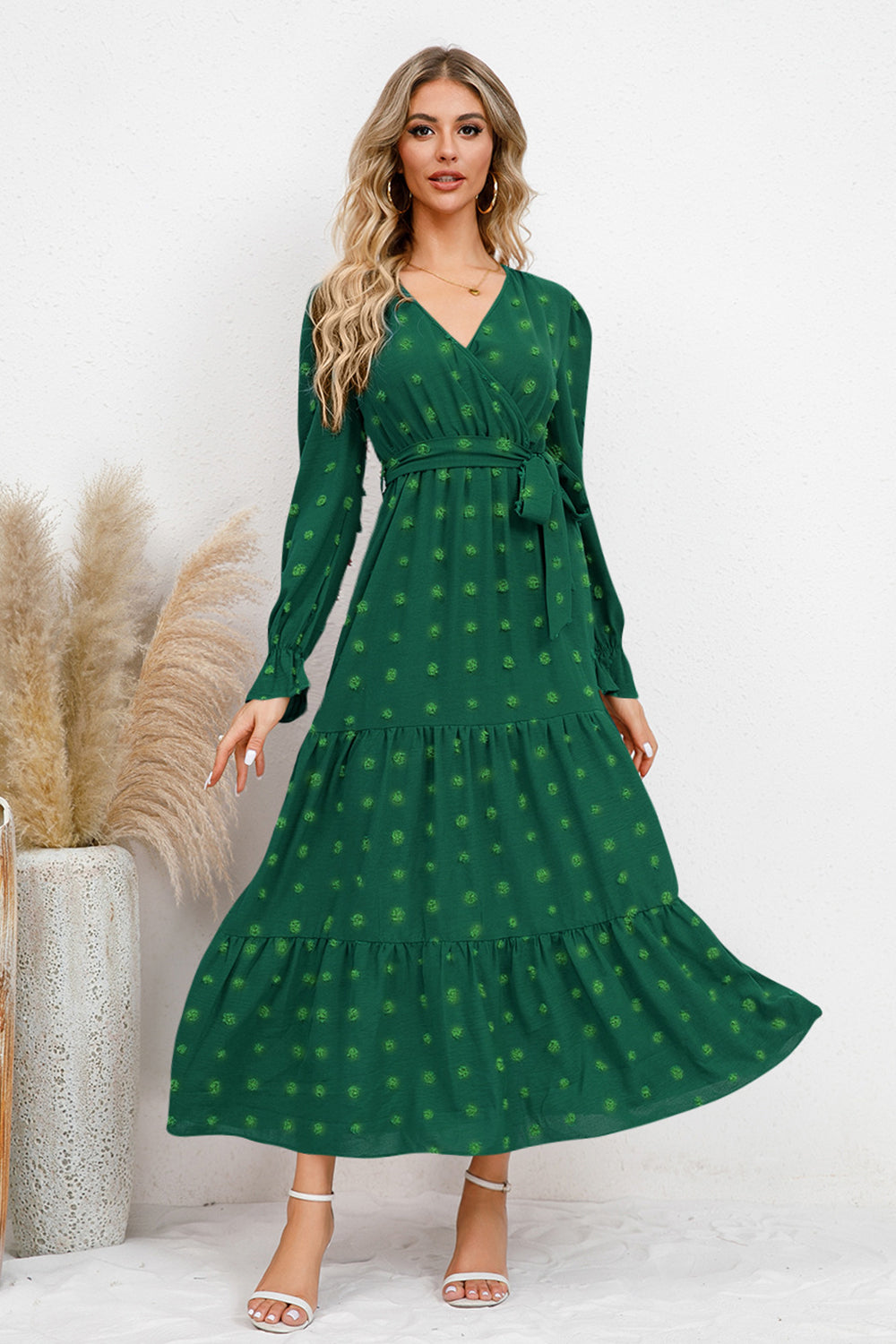 The Swiss Dot Tied Surplice Flounce Sleeve Dress