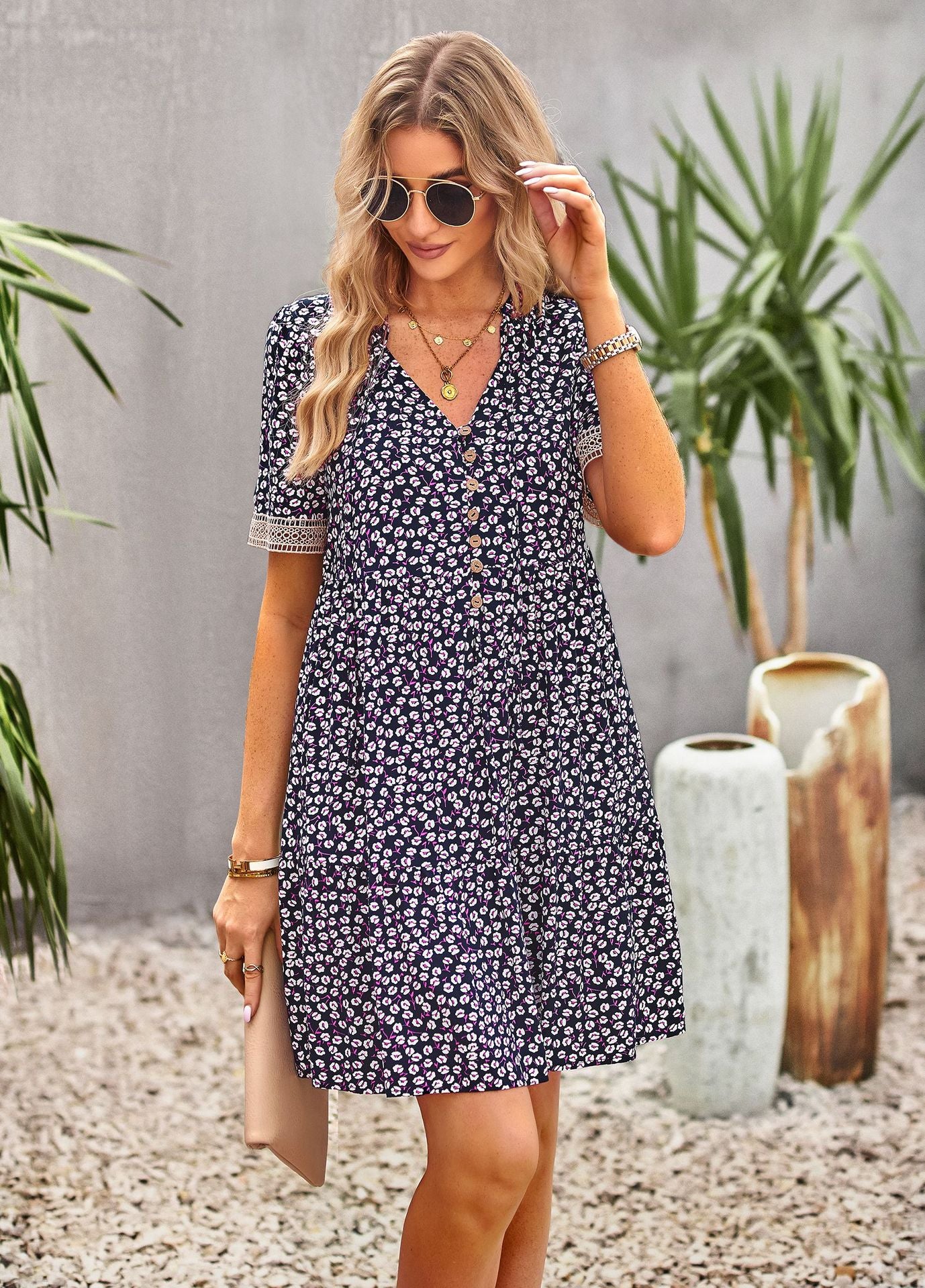 The Violet Floral Buttoned Puff Sleeve Dress