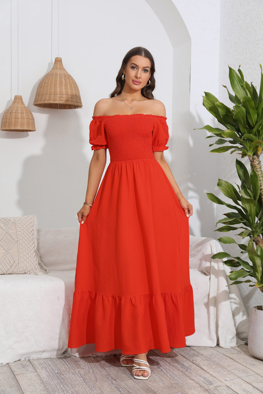 The Red-Orange Off-Shoulder Maxi Dress