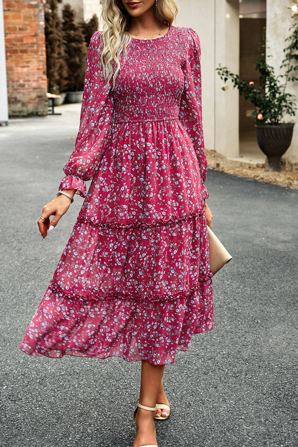 The Sweet Smocked Flounce Sleeve Midi Dress