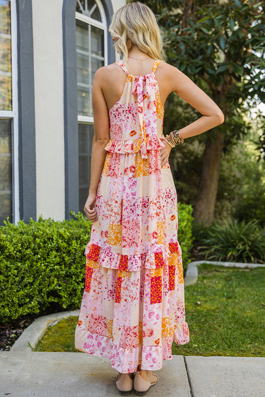 The Patchwork Grecian Neck Ruffled Maxi Dress