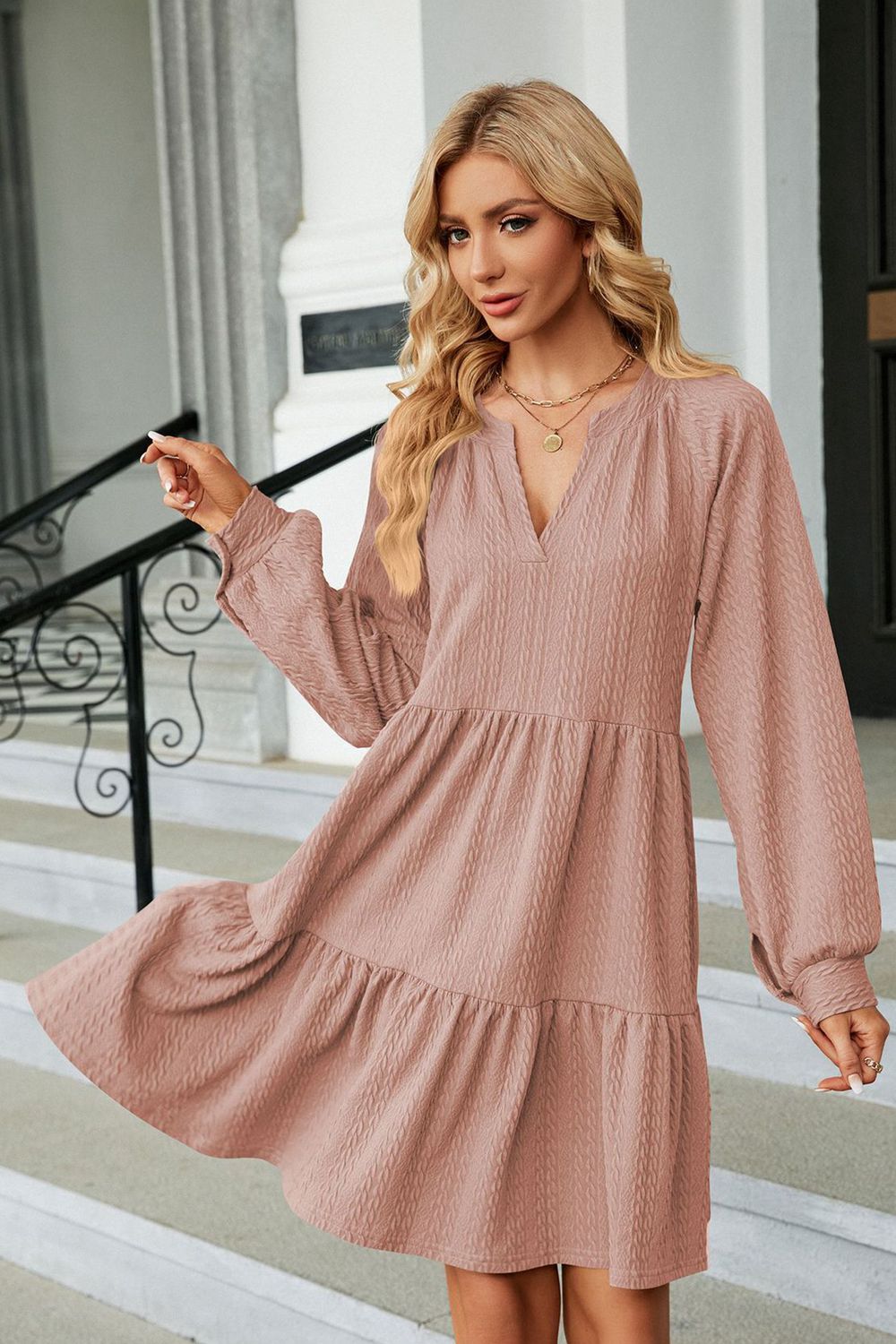 The Notched Neck Long Sleeve Mini Dress