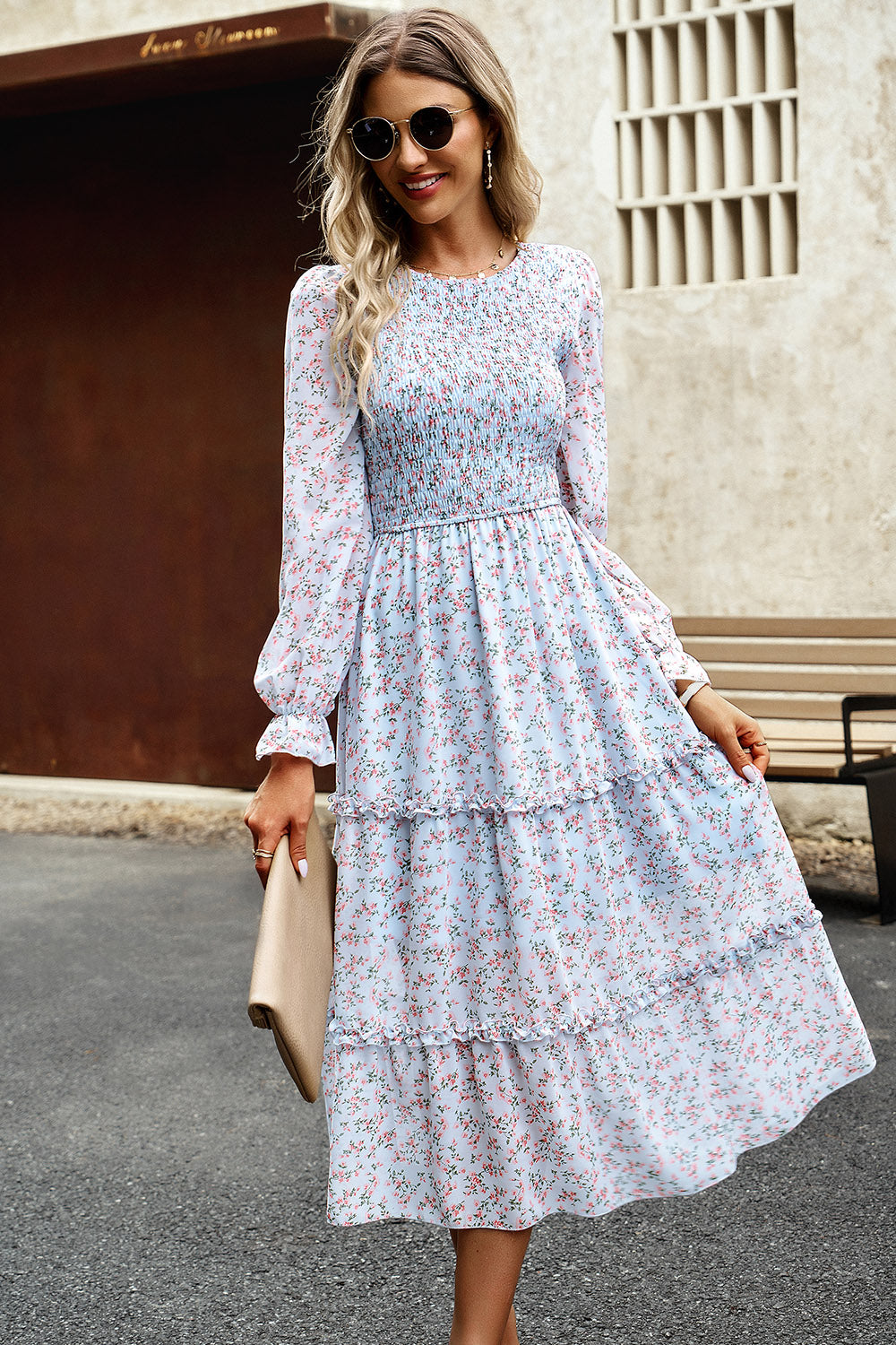 The Sweet Smocked Flounce Sleeve Midi Dress