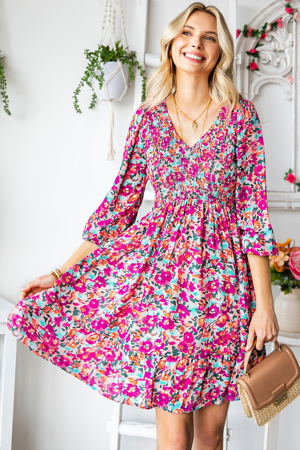 The Three-Quarter Floral Flounce Sleeve Dress