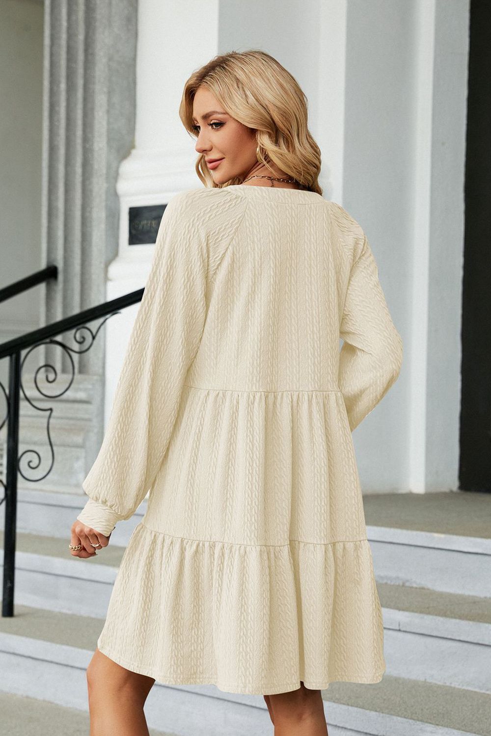 The Notched Neck Long Sleeve Mini Dress