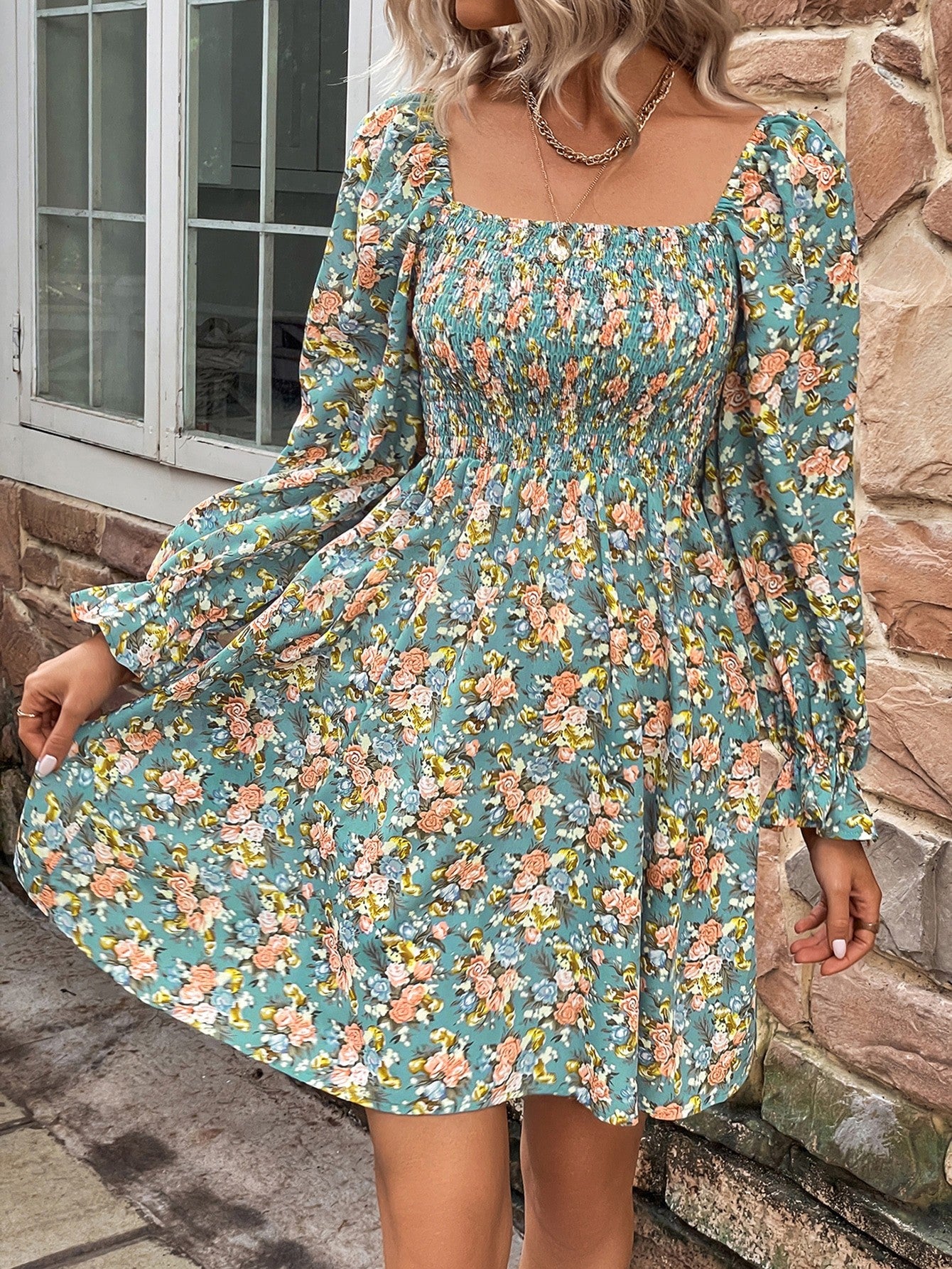 The Turquoise Floral Square Neck Dress