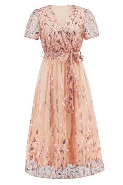 The Sequin Leaf Embroidery Tie Front Dress