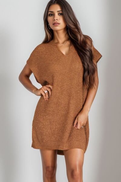 The Notched Cap Sleeve Mini Sweater Dress