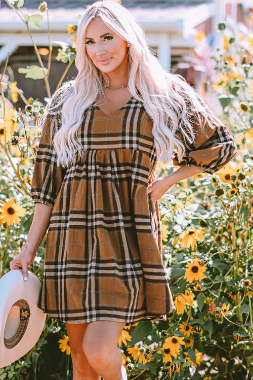 The Give Thanks Plaid Balloon Sleeve Dress