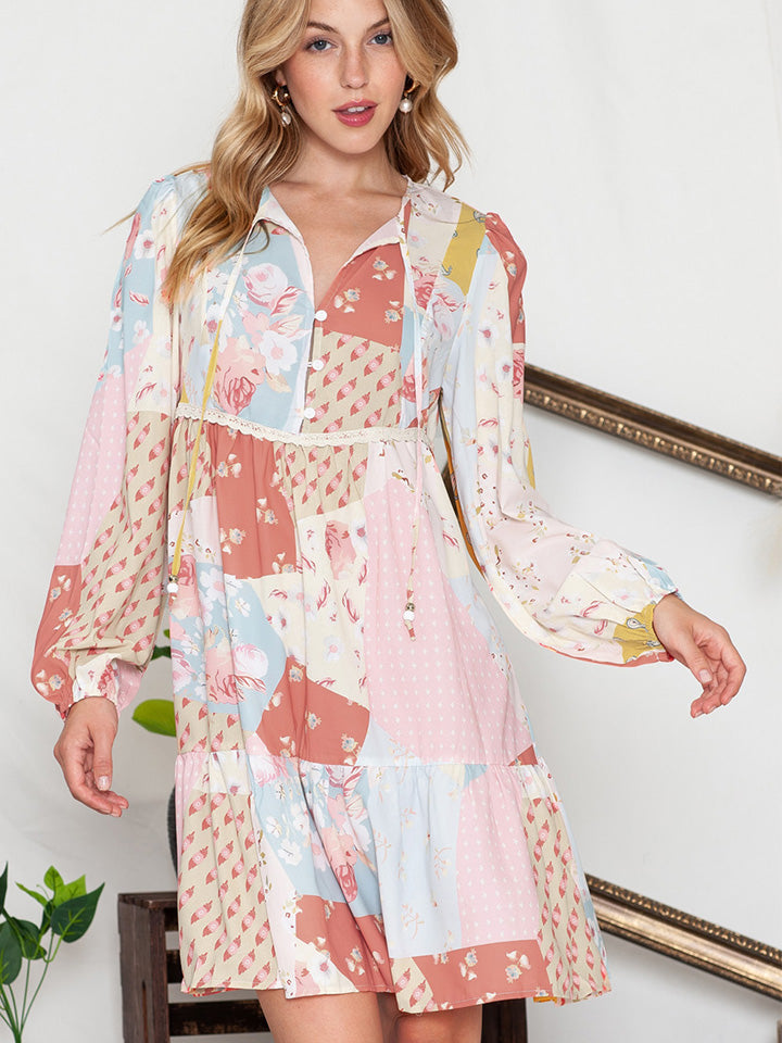 The Patchwork Tie Neck Long Sleeve Dress