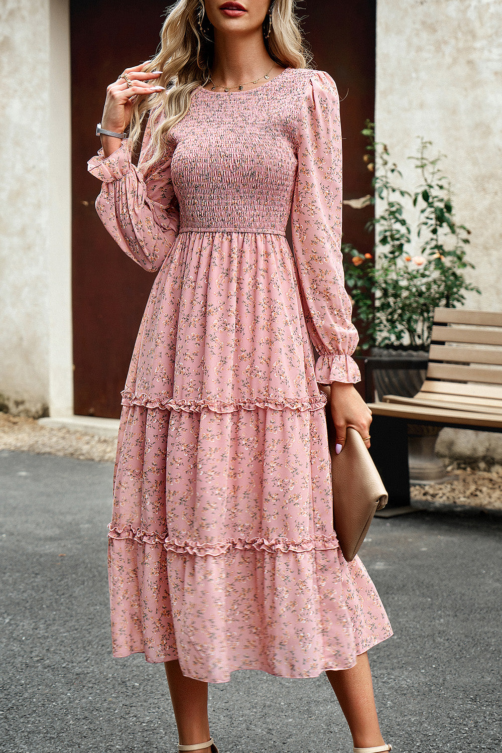 The Sweet Smocked Flounce Sleeve Midi Dress