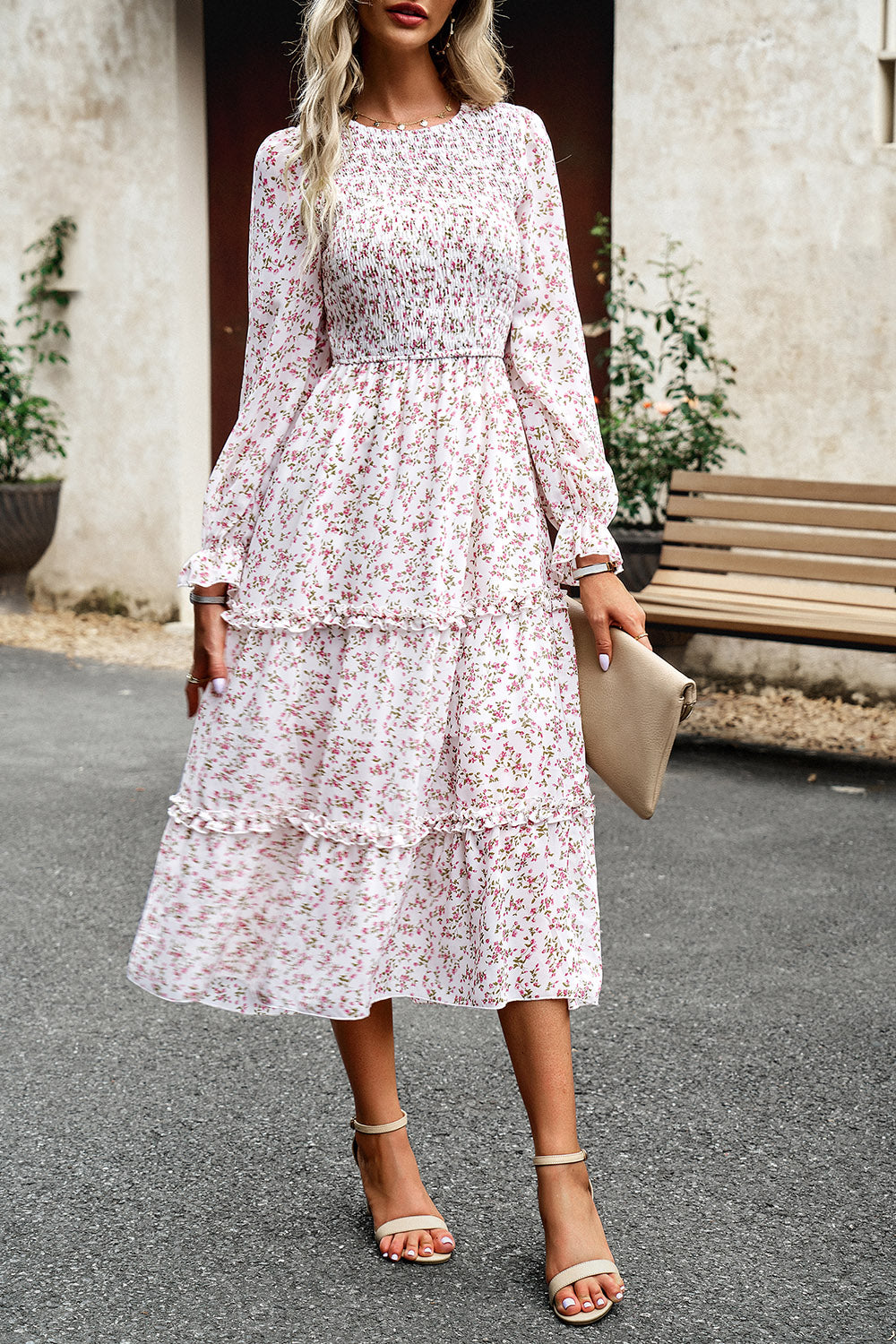 The Sweet Smocked Flounce Sleeve Midi Dress