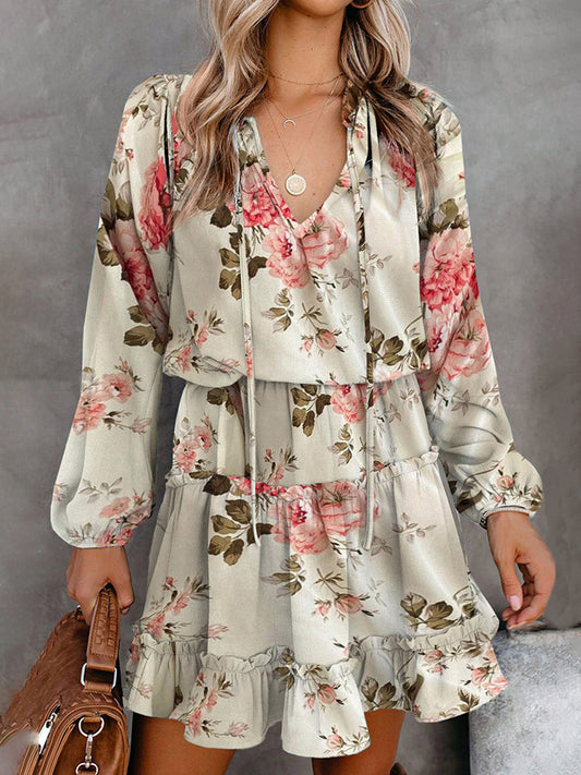 The Ivory Printed Tie Neck Sleeve Dress