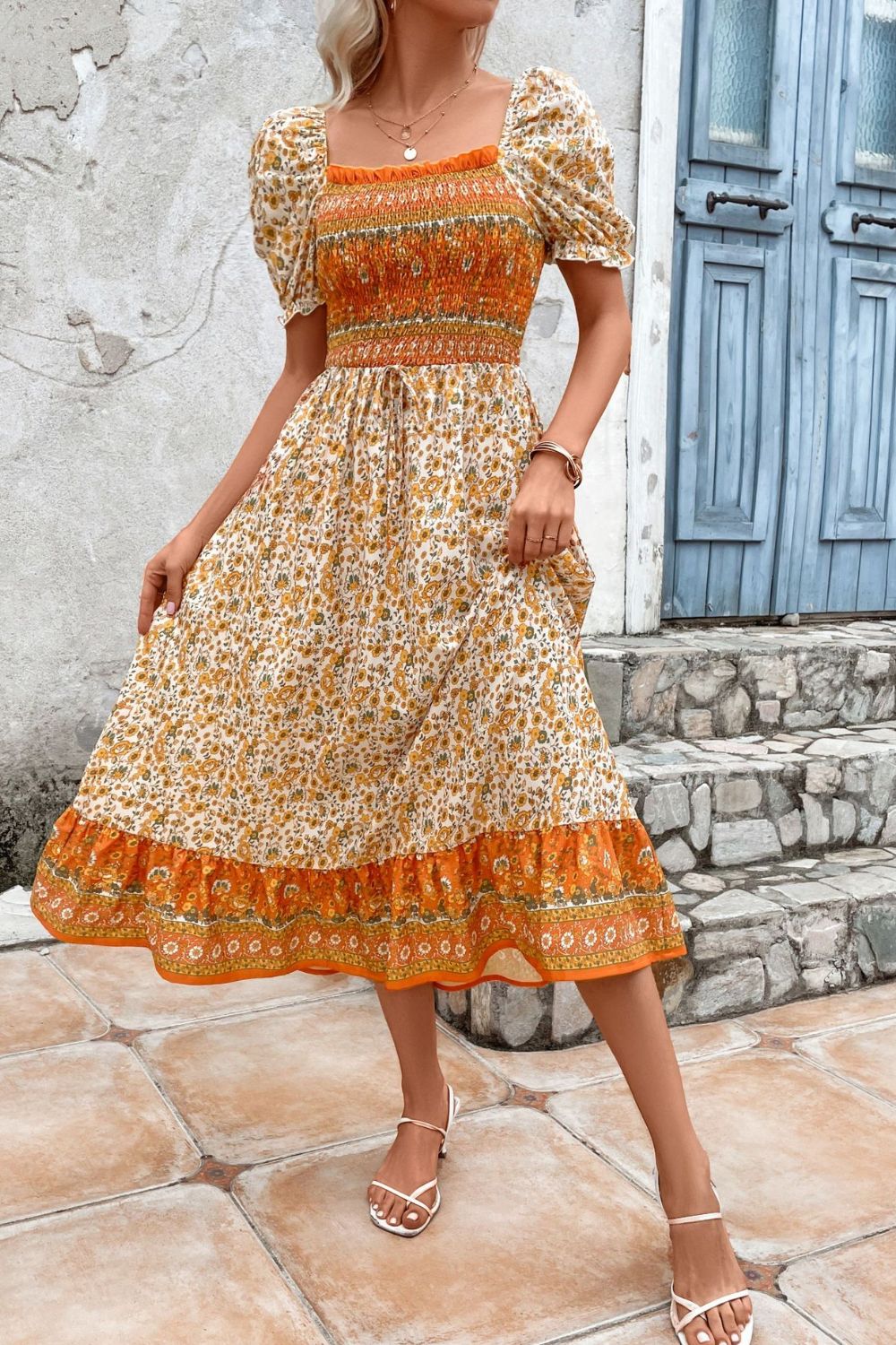 The Tangerine Bohemian Puff Sleeve Dress