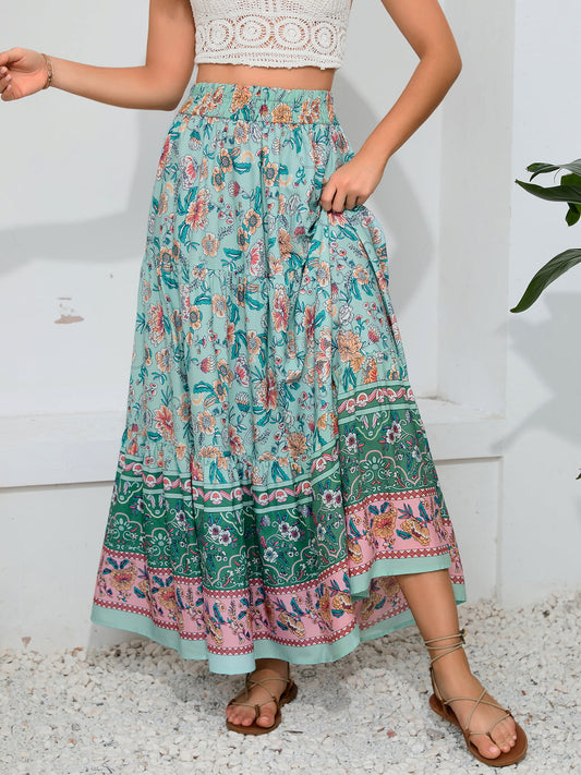 The Bohemian Print Smocked Waist Maxi Skirt