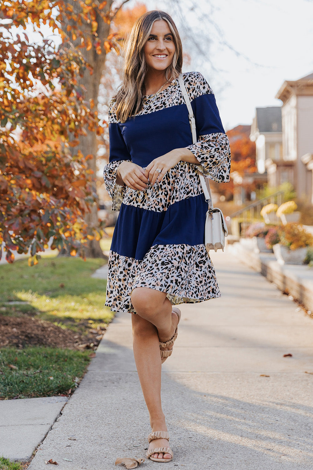 The Animal Print Color Block Flare Sleeve Dress