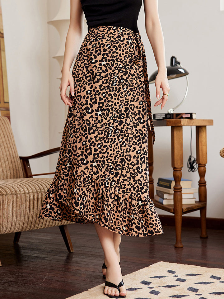 The Leopard Ruffle Hem Midi Skirt