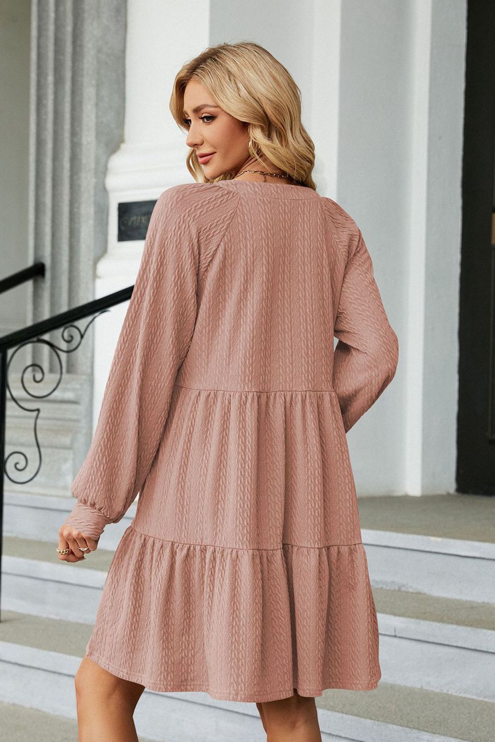 The Notched Neck Long Sleeve Mini Dress