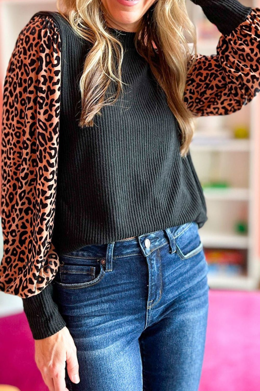 The Leopard Print Sleeve Round Neck Blouse