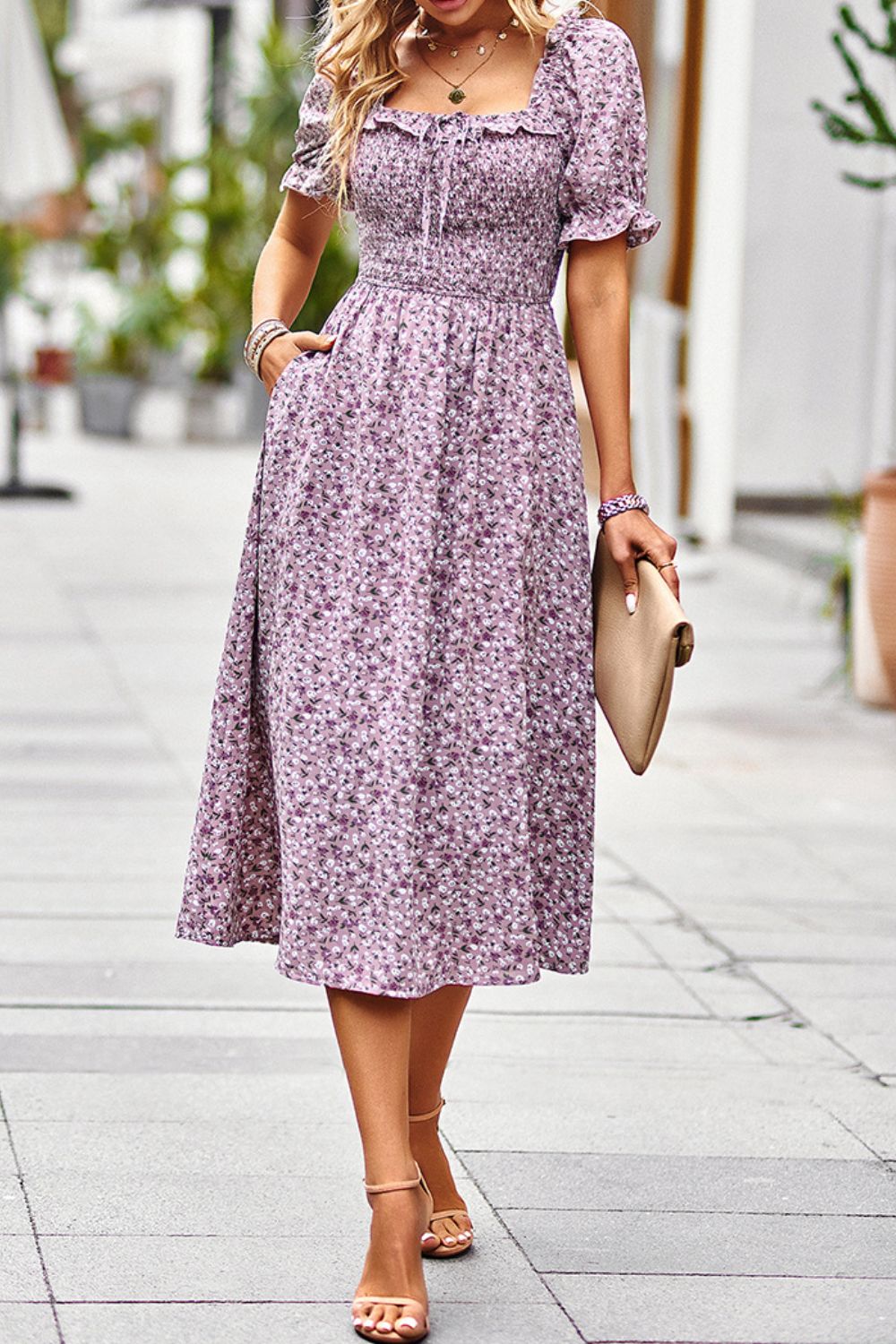 The Purple Floral Ruffled Square Neck Dress with Pockets