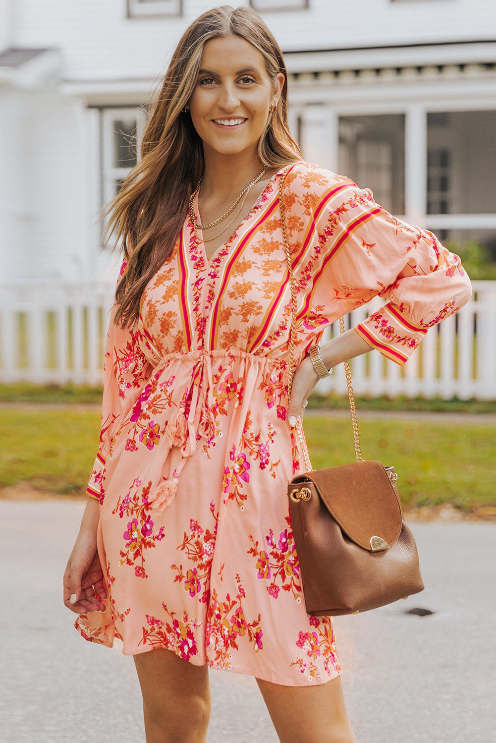 The Apricot Floral Tassel Tie Drawstring Waist Dress