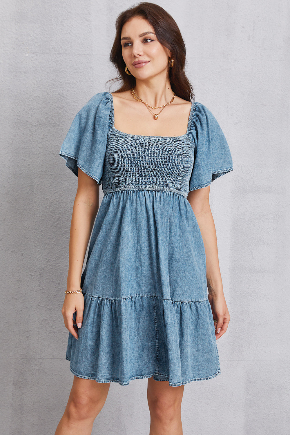 The Smocked Square Neck Mini Denim Dress