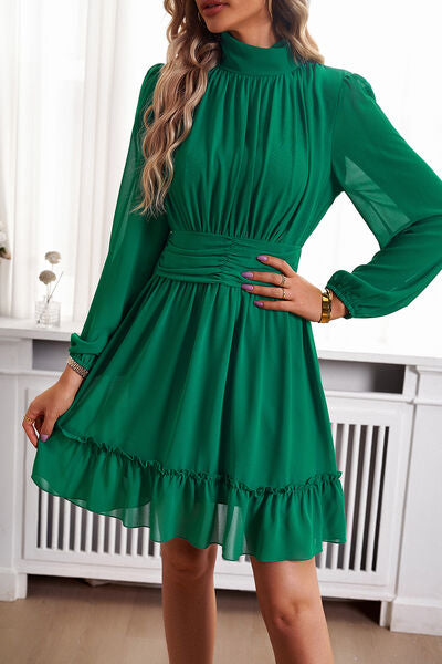 The Ruched Mock Neck Balloon Sleeve Dress