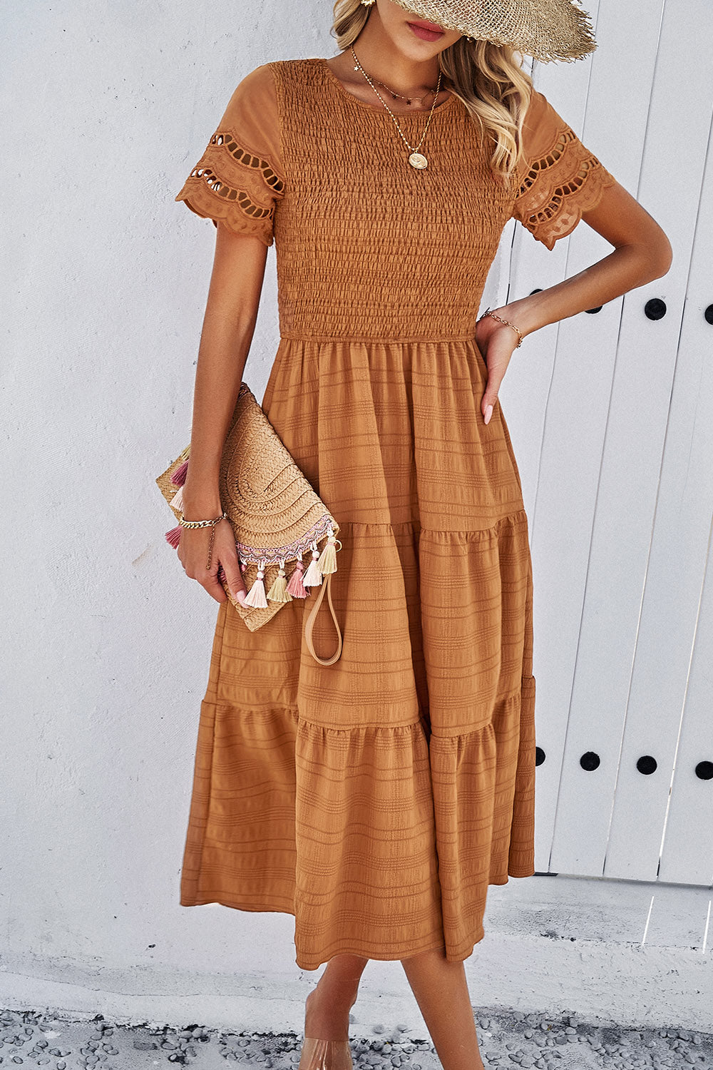 The Smocked Lace Detail Midi Dress