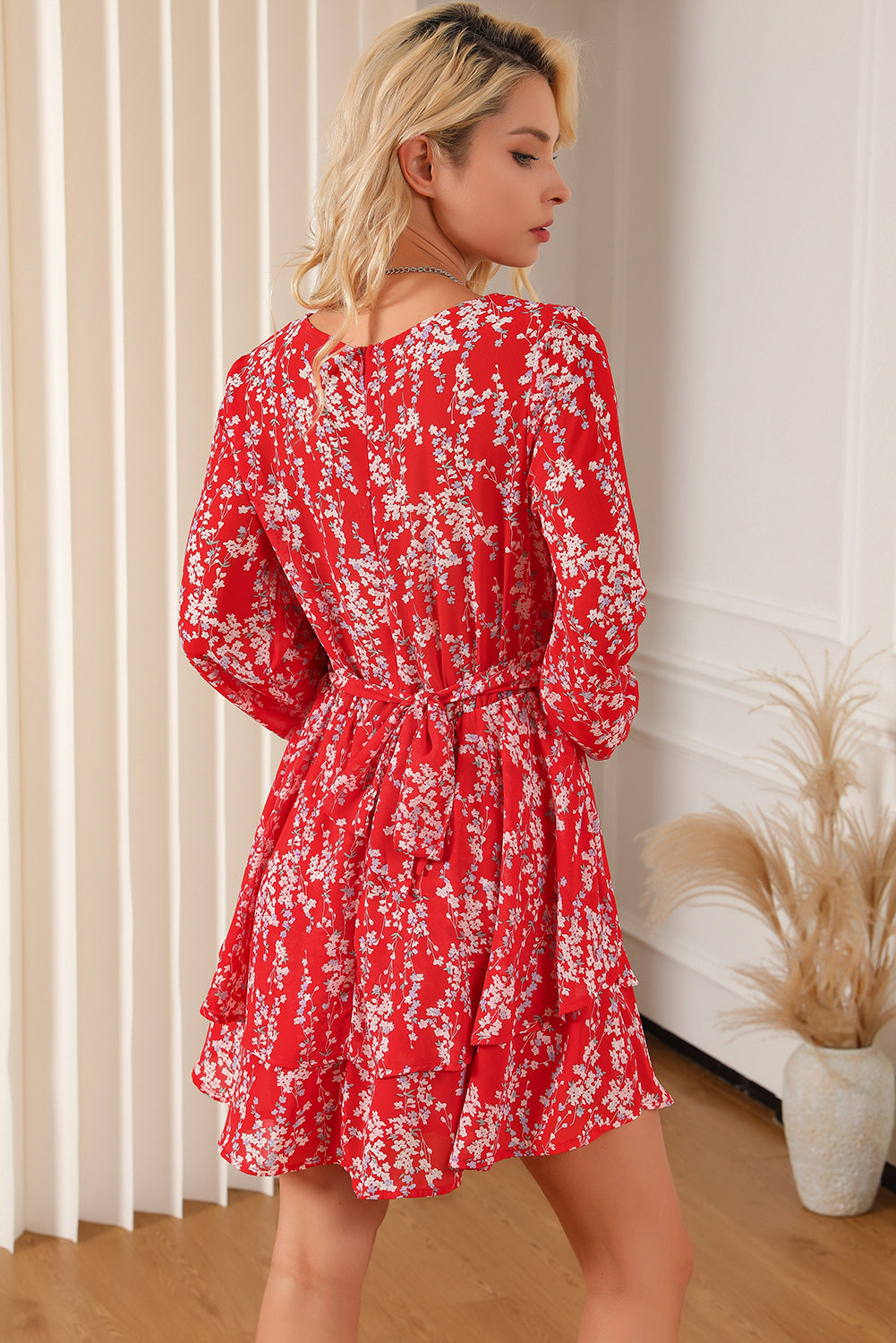 The Deep Red Balloon Sleeve Layered Dress