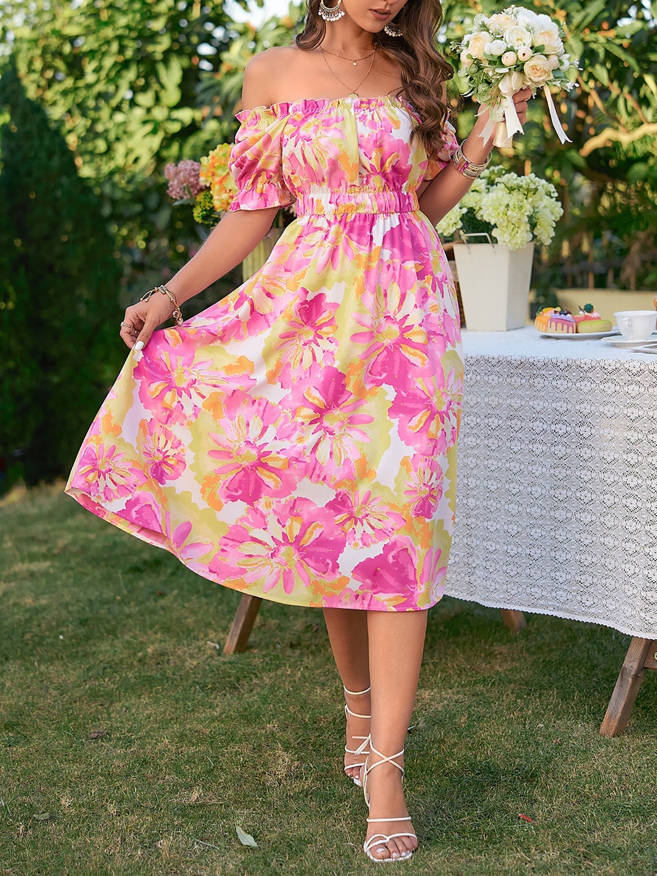 The Colorful Floral Frill Trim Dress