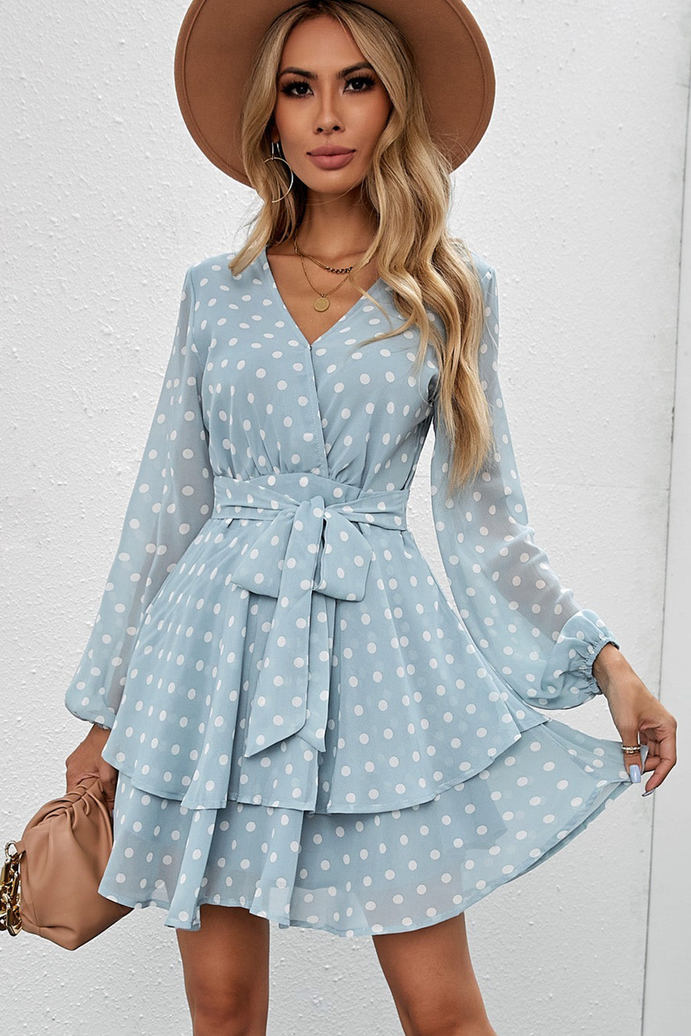 The Misty Blue Polka Dot Balloon Sleeve Dress