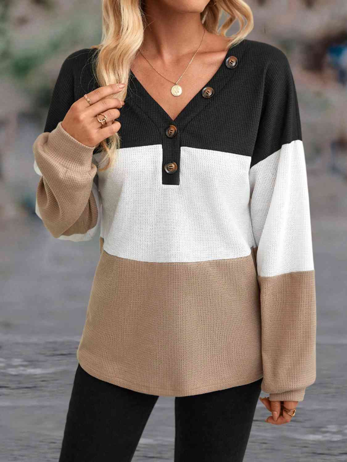 The Color Block Decorative Button Blouse