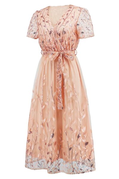 The Sequin Leaf Embroidery Tie Front Dress