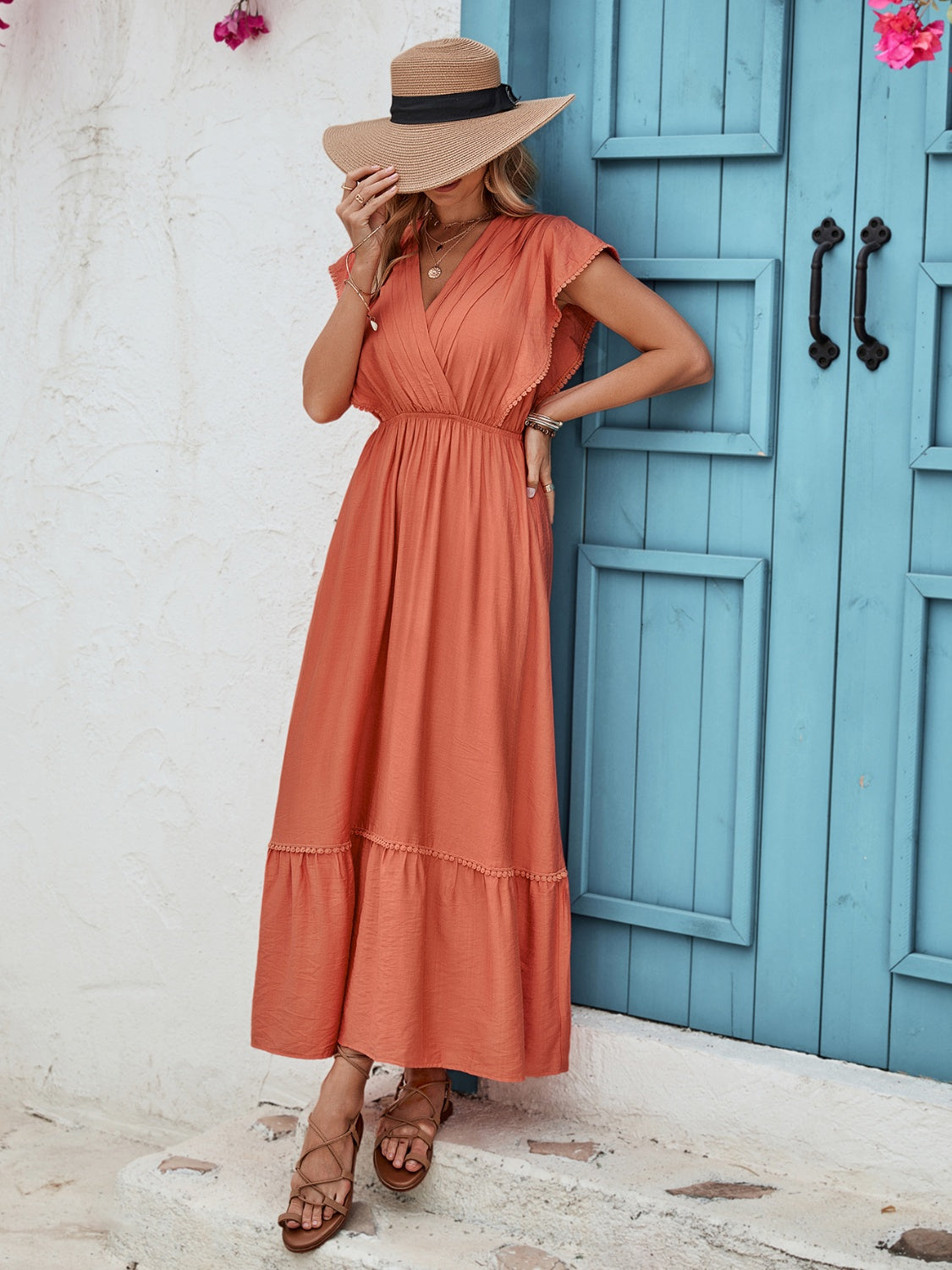 The Terracotta Ruffled Surplice Cap Sleeve Dress