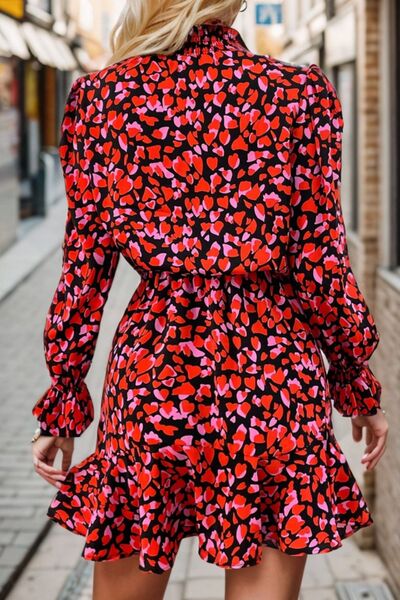 The Heart Printed Mock Neck Flounce Sleeve Dress