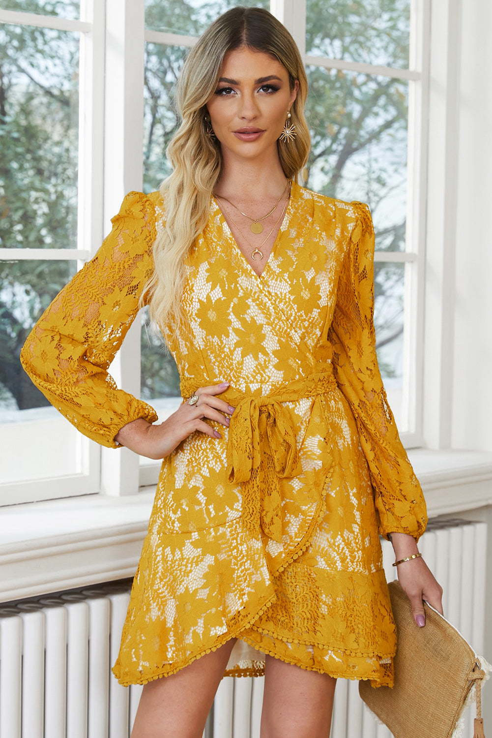 The Beautiful Banana Yellow Belted Lace Dress