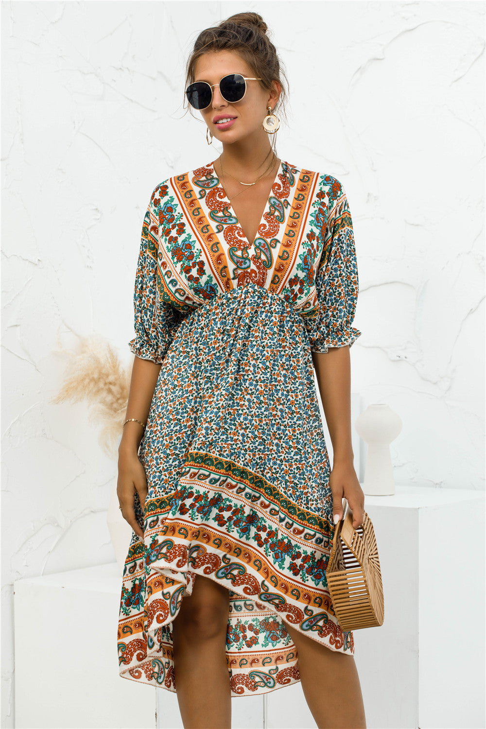 The Printed Bohemian V Neck Dress