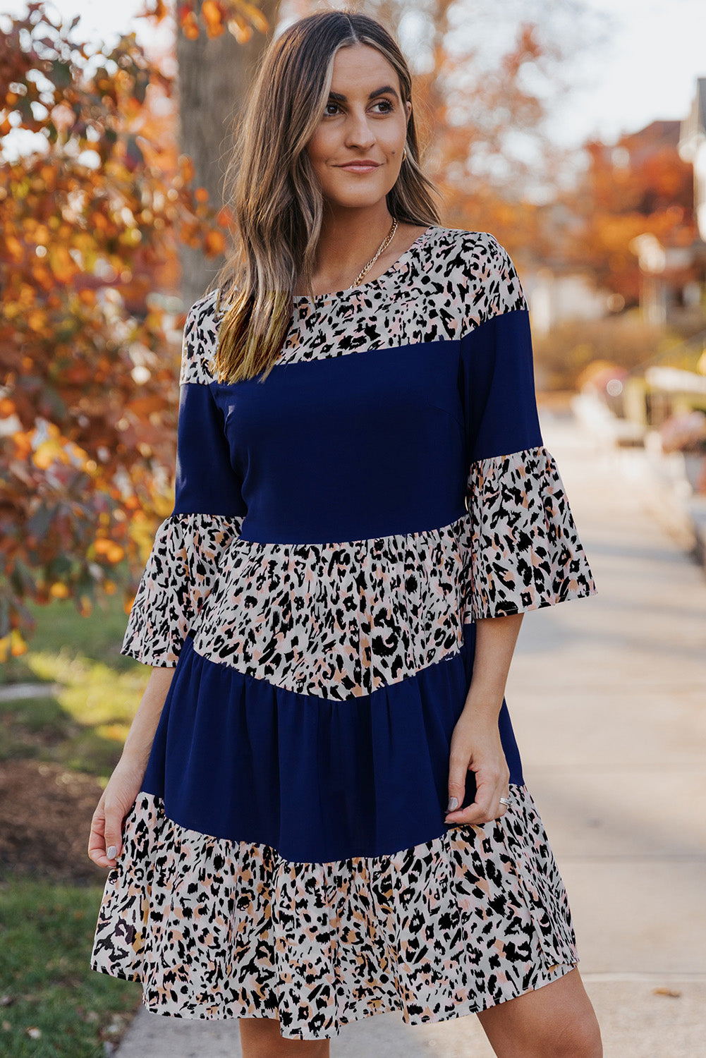 The Animal Print Color Block Flare Sleeve Dress